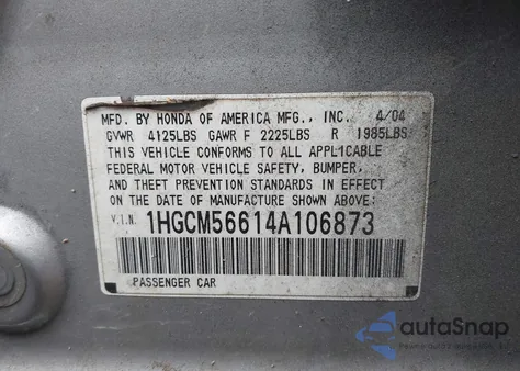 2004 Honda Accord 2.4 Ex from USA, damaged, VIN 1HGCM56614A106873